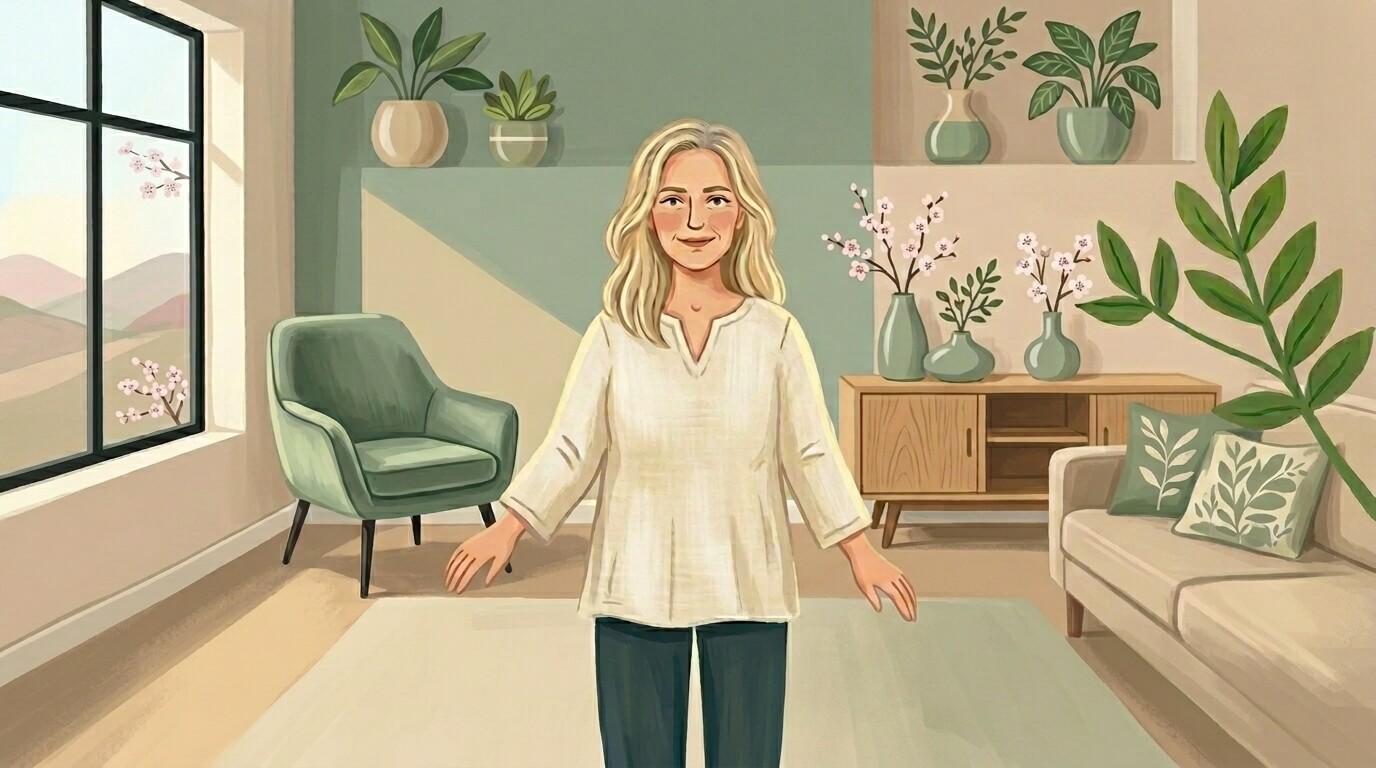 Illustration einer Frau im Vordergrund eines Wohnzimmers